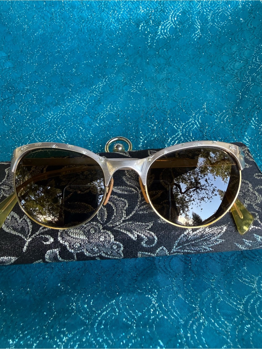 Vintage 1950s Rhinestone Cat Eye Sunglasses 46-19 + Brocade Case